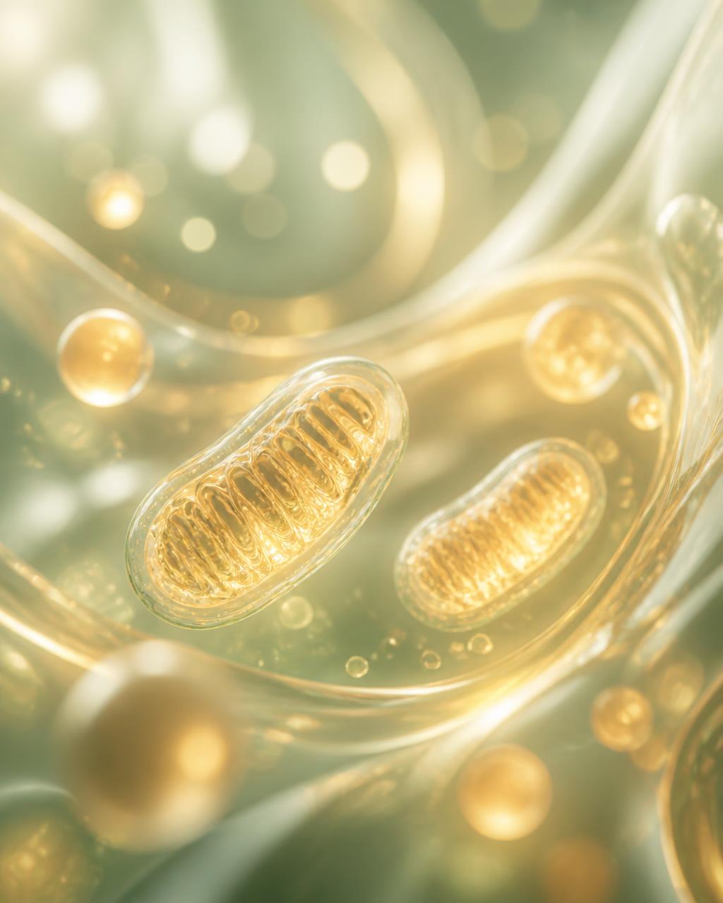 Abstract glowing mitochondria and cellular forms in warm gold and sage green tones