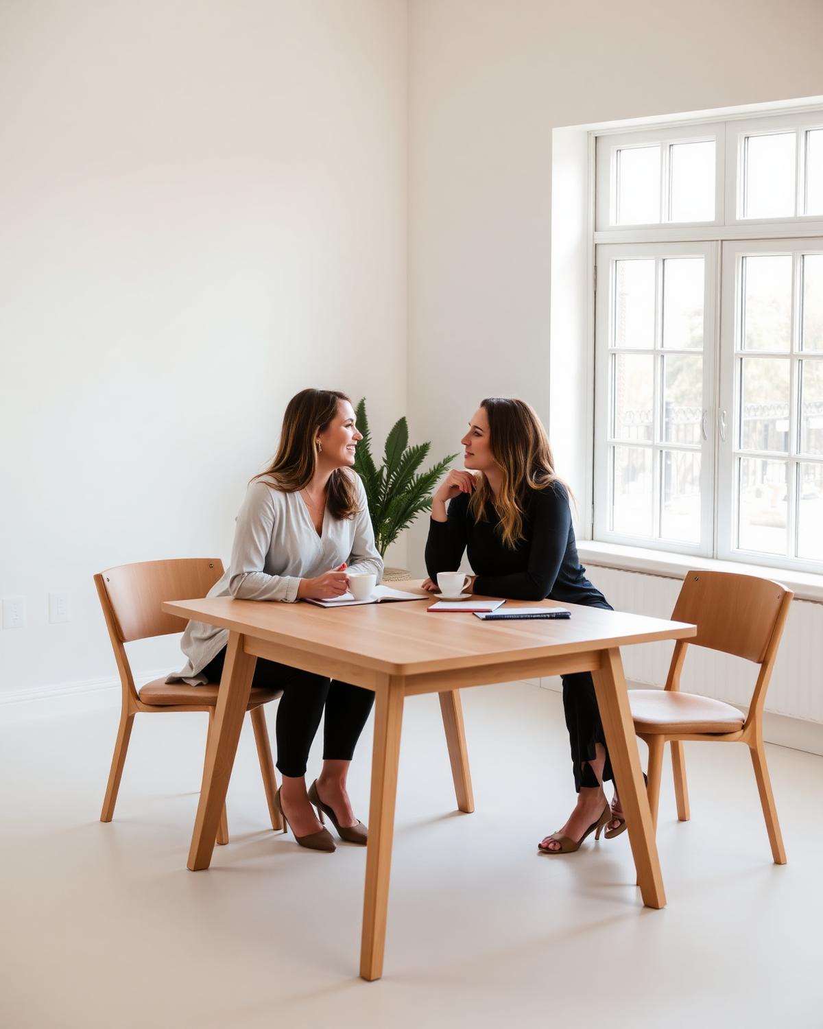 Wellness coach in conversation with a client in a bright, calm consultation space