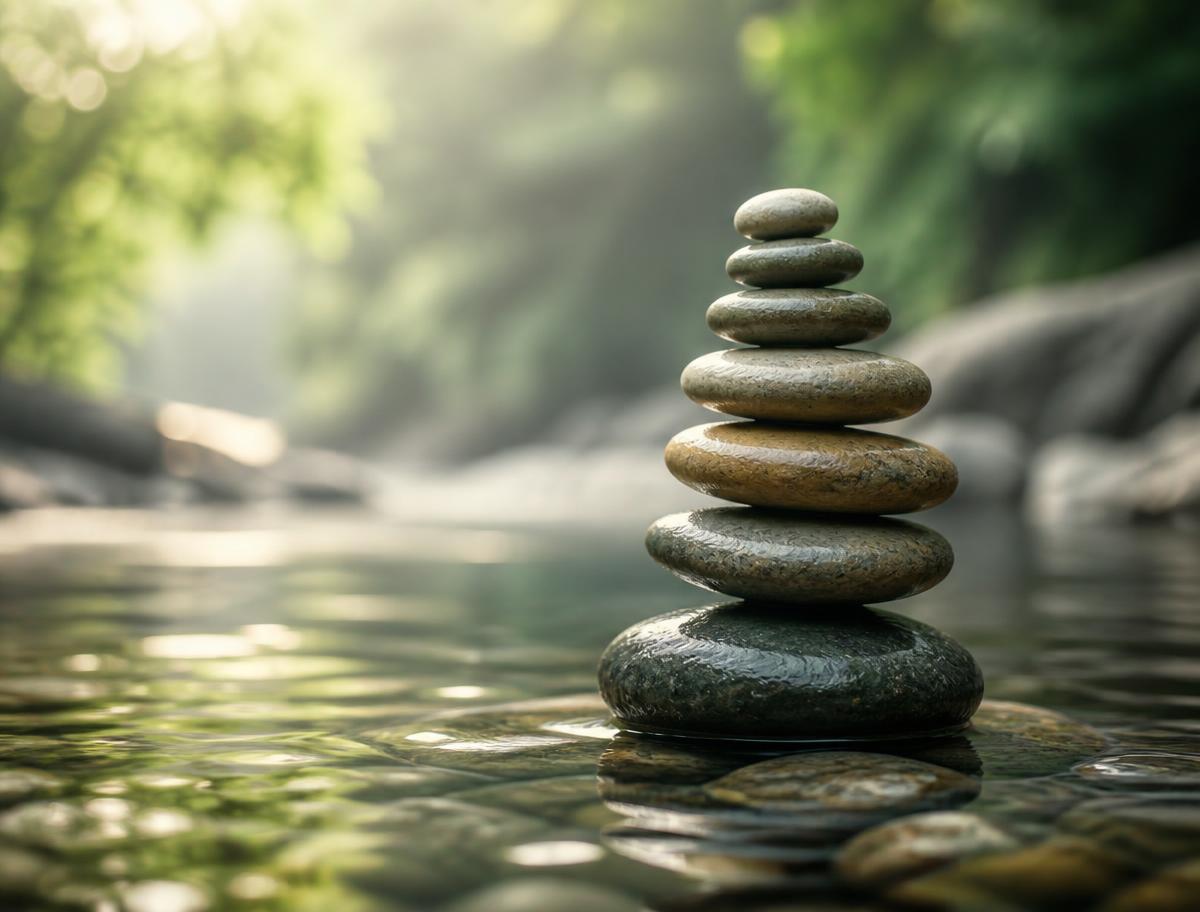 Stacked smooth stones balanced in calm water, representing balance and longevity wellness