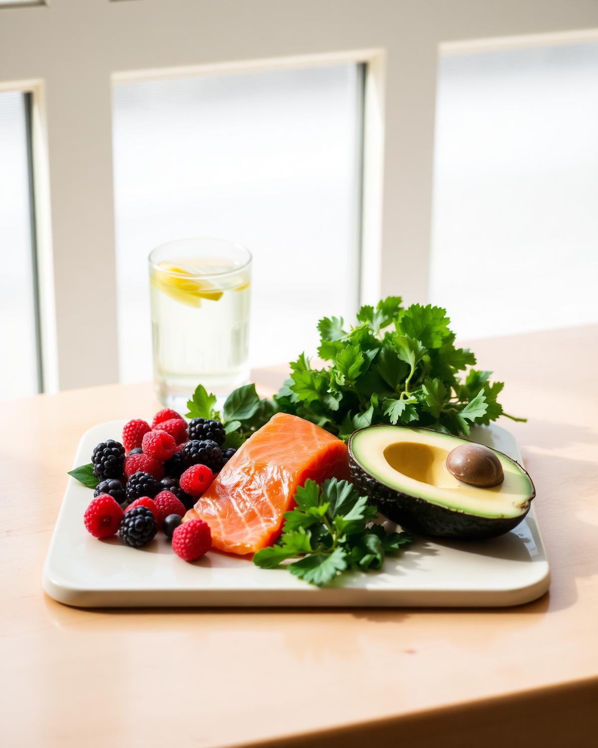 Fresh whole foods, berries and water arranged on a warm neutral surface