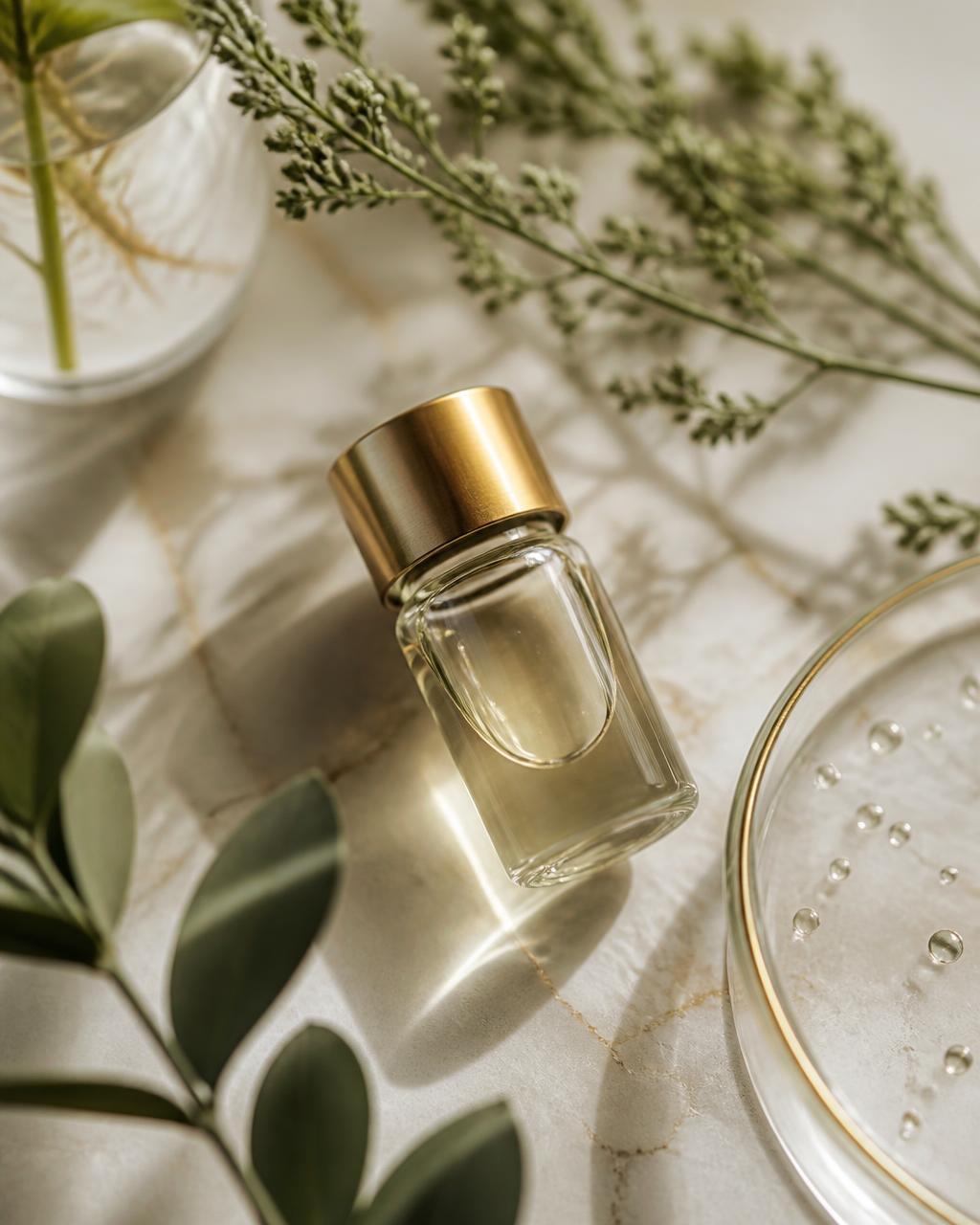 Elegant glass vial with botanical elements on cream marble, representing peptide education