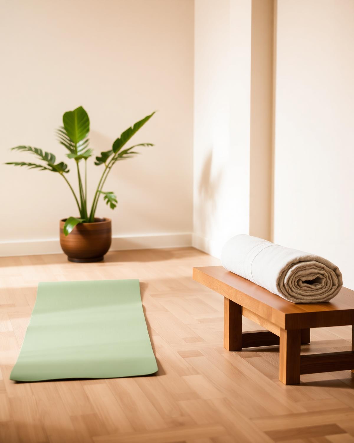 Calm recovery space with a yoga mat, towel and soft natural daylight