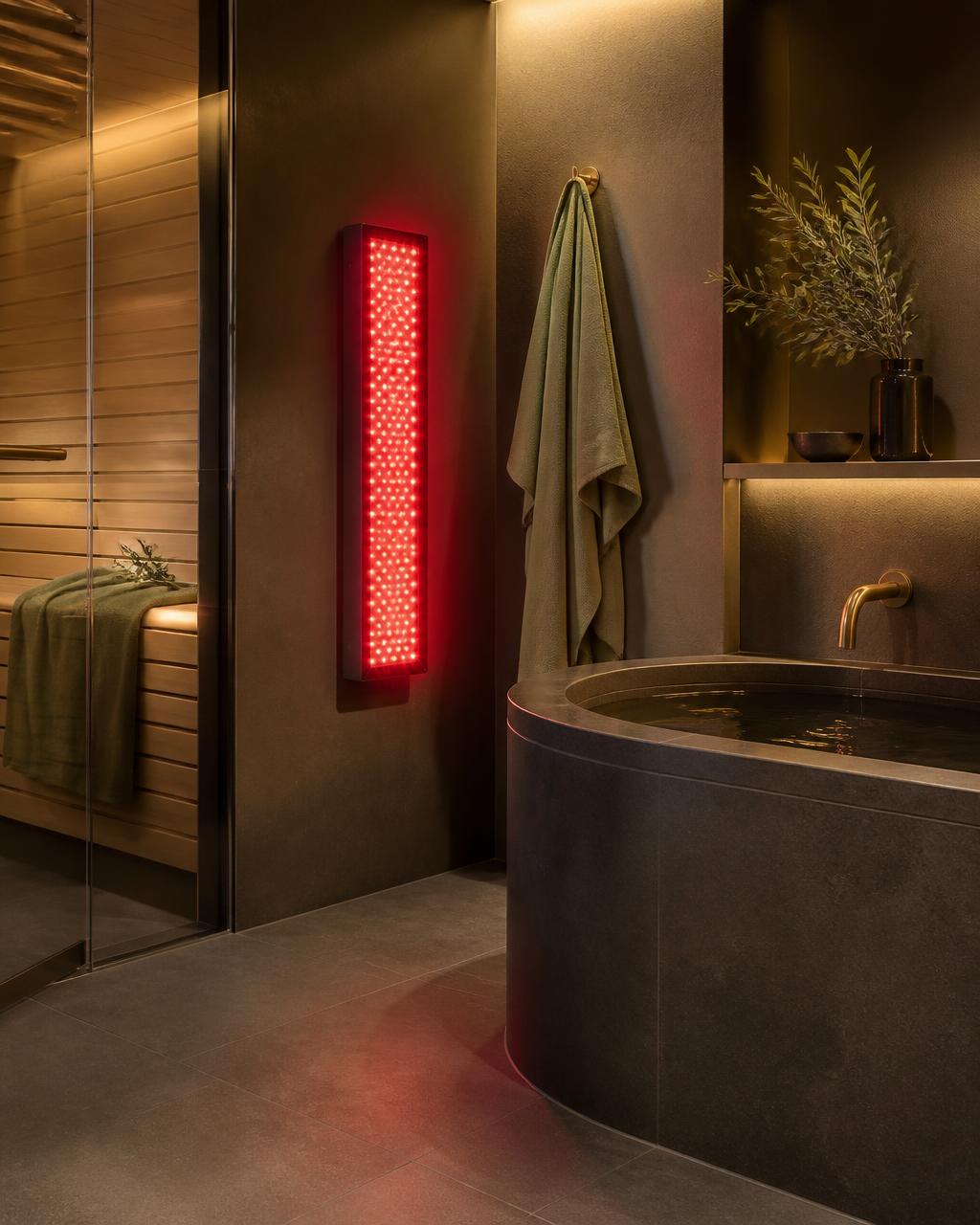 Luxury minimalist recovery room with red light panel, sauna, and cold plunge bath